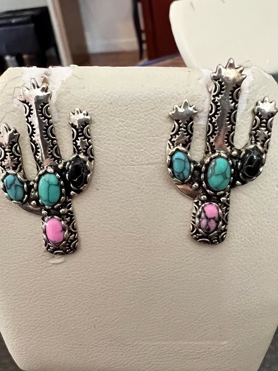 Turquoise & Pink Cactus Silver Earrings - Women's Southwestern Jewelry - Picture 4 of 6